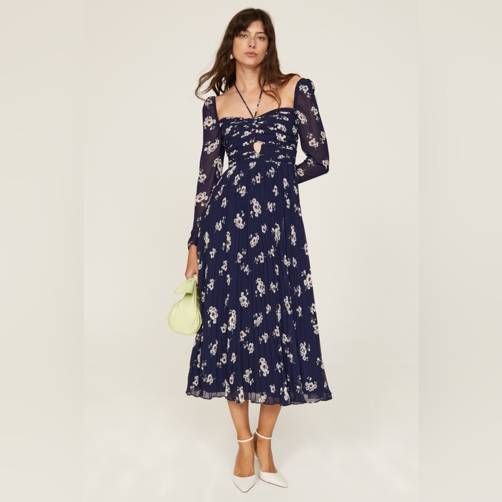 Self-Portrait Pansy Print Chiffon Cut Out Midi‎ Dress Floral US 8